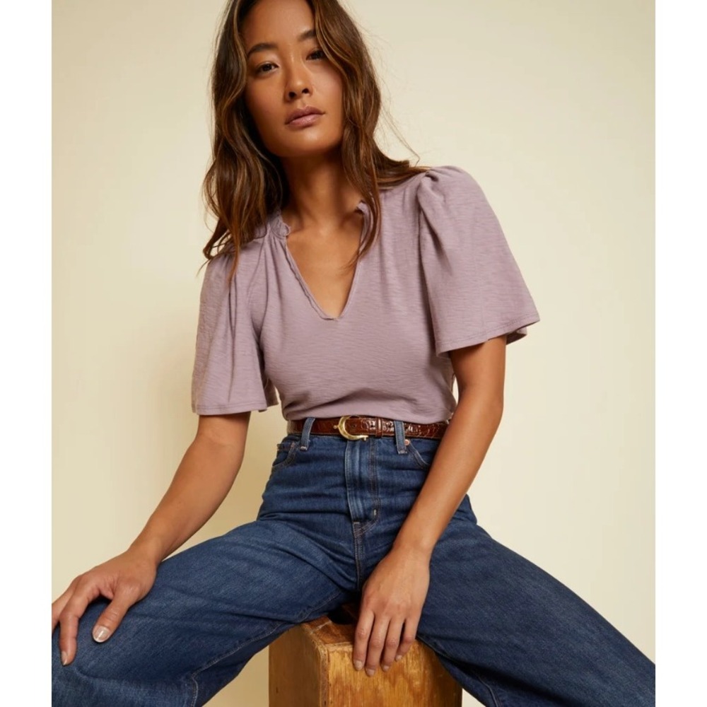 Nation LTD Tierra Flirty Tee Mauve Pima Cotton Ruffle V-Neck Top S